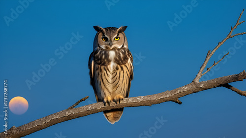 elegant owl perched silently on barren branch against dusky sky exhibiting nature nocturnal elegance