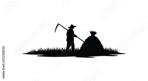 Black silhouette of a farmer with a scythe and a haystack