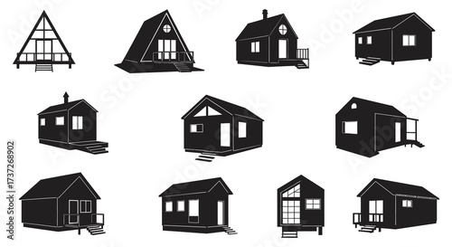 Simple black and white illustrations of various small cabin designs