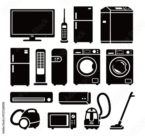 Home Appliances and Electronics Icons Set: Refrigerator, Washing Machine, TV, and Vacuum Cleaner