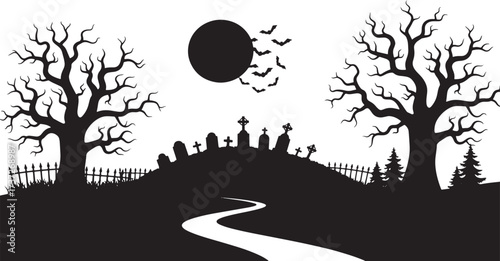 Halloween Night Cemetery Scene with Full Moon and Bats graveyard tombstone