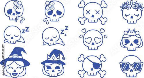 Halloween Skull Icons With Witch Hats And Flower Wreath sad skull crying skull