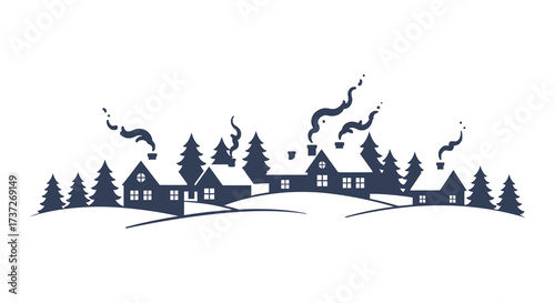 Winter village scene with snow covered roofs and rising smoke plumes