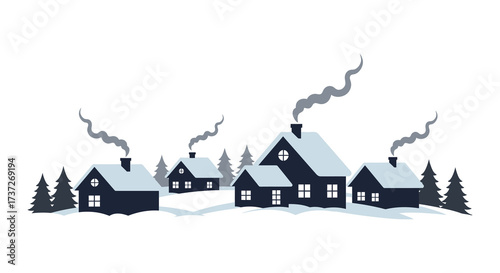 Winter village scene with snow covered rooftops and smoke rising gently