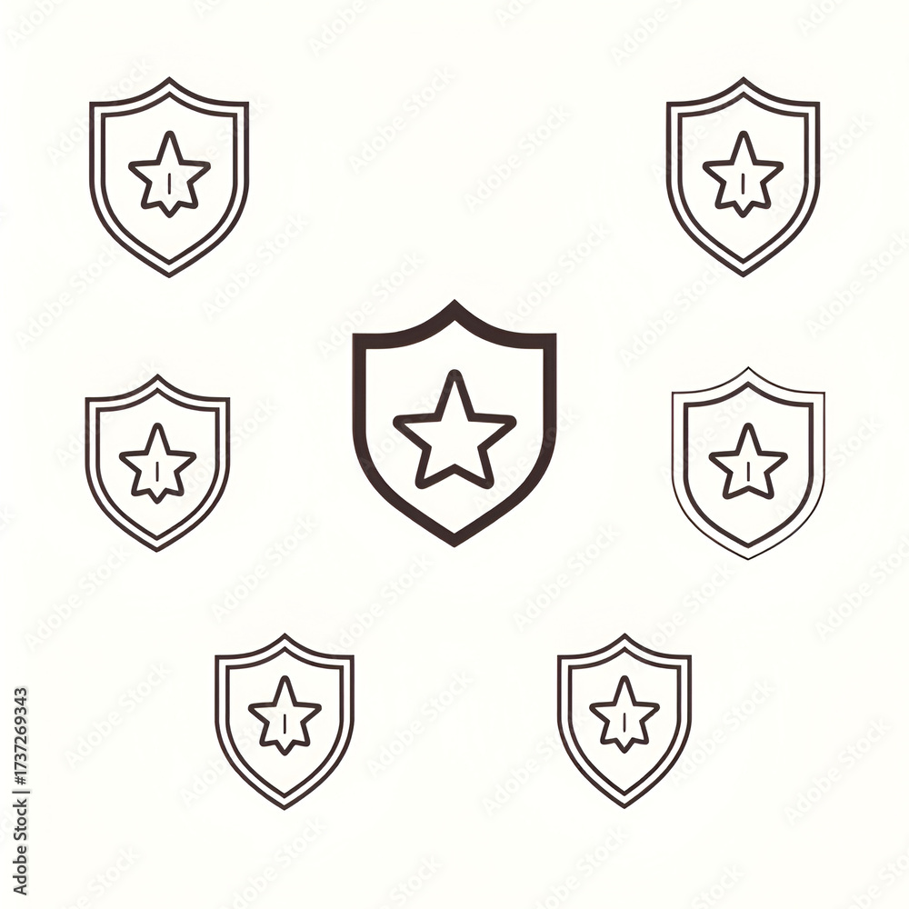 Fototapeta premium Shield icon set in vintage style. Protect shield security line icons. Badge quality symbol, sign, logo or emblem. Vector illustration