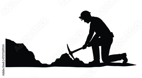 Silhouette of a miner digging with a pickaxe in a dark landscape