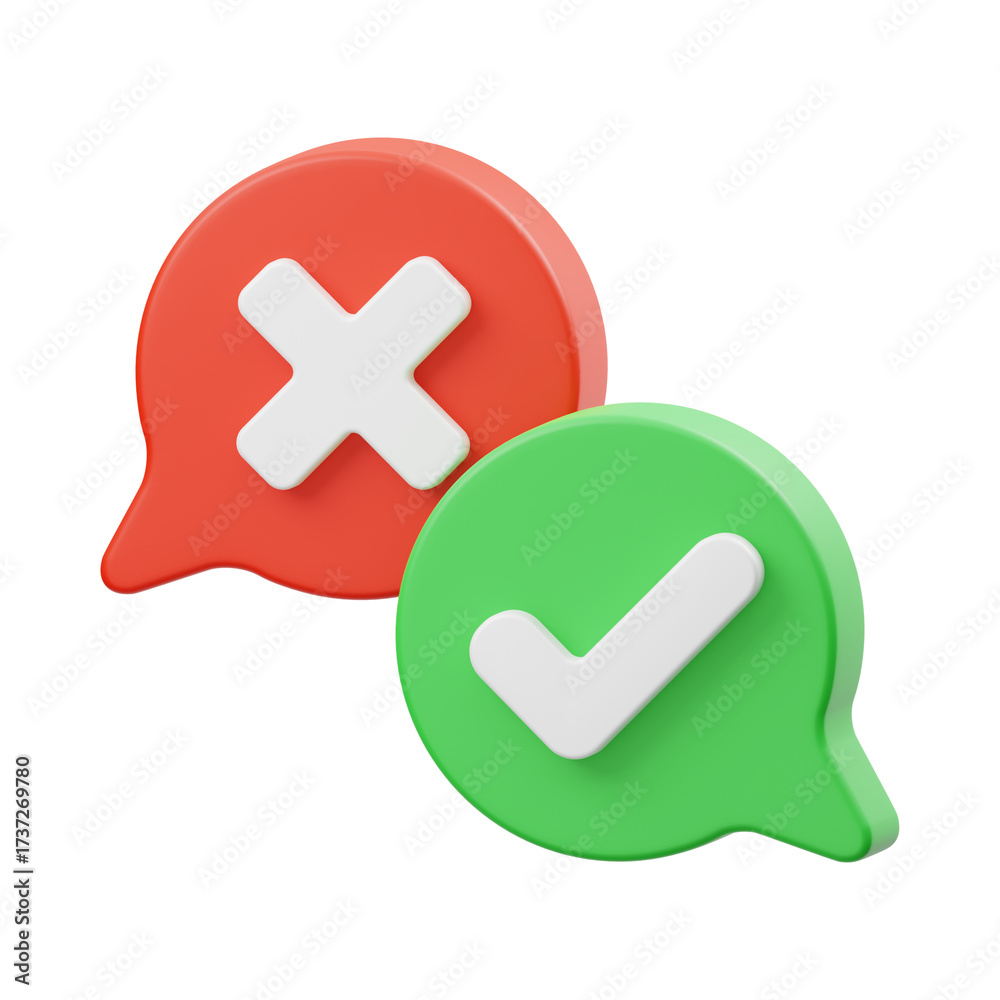 Fototapeta premium 3D Speech Bubble Icon with Red X and Green Check mark Symbols 