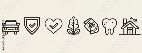 Diverse Insurance and Protection Icons Representing Car Health Life Food Medication Dental and Home Insurance Concepts