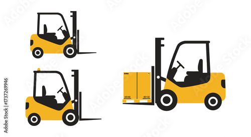 Simple illustration depicting yellow forklifts in various positions and sizes