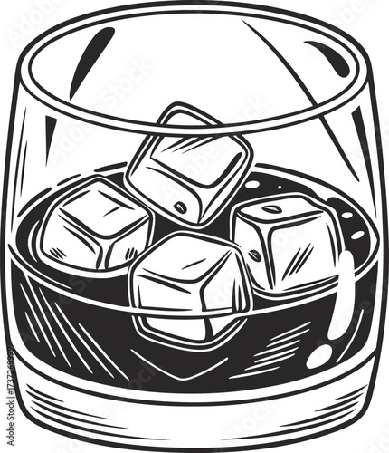 Illustration of a glass of whiskey with ice cubes isolated on white background, capturing the essence of a refreshing drink