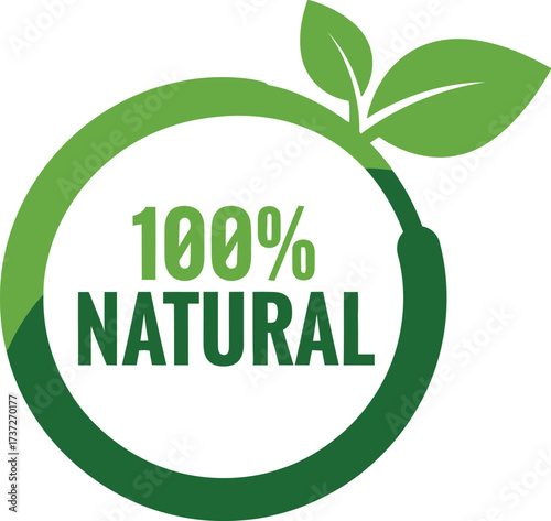 Green 100% Natural Symbol with Leaf Element and Circular Border on White Background
