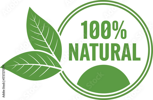 Green 100% Natural Label with Leaves in Circular Design on a White Background