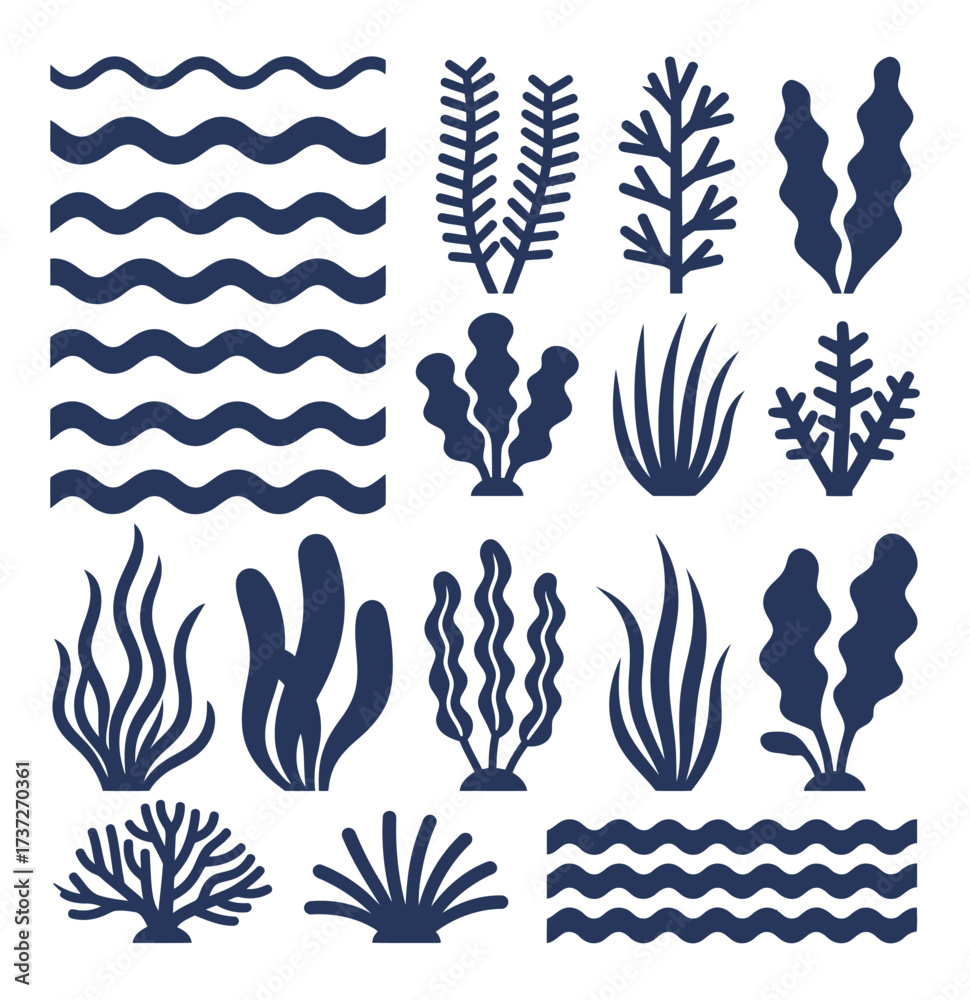 Fototapeta premium Underwater Seaweed and Algae Silhouettes Set with Wavy Water Pattern. Ocean Plant and Aquatic Vegetation Graphic Vector Collection.