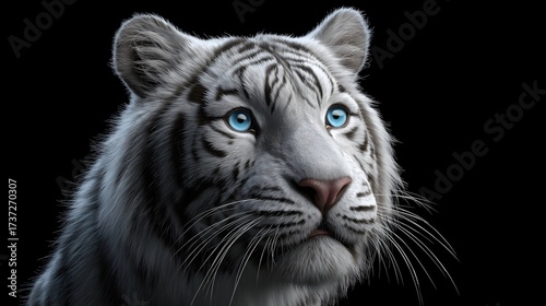 Cute white tiger with icy blue eyes on black background in detailed cartoon portrait style