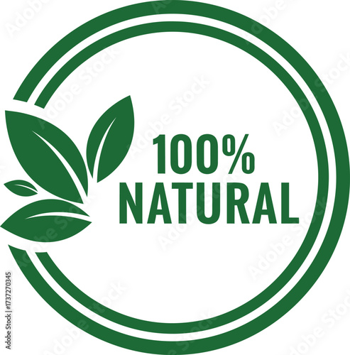 Green Circle with Leaves and 100% Natural Text on White Background Design Element