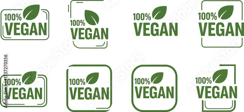 Green 100% Vegan Logos with Rounded, Square, and Corner Border Designs
