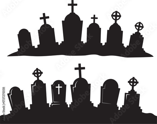 Two Rows of Spooky Halloween Cemetery Tombstone Silhouettes graveyard gravestone