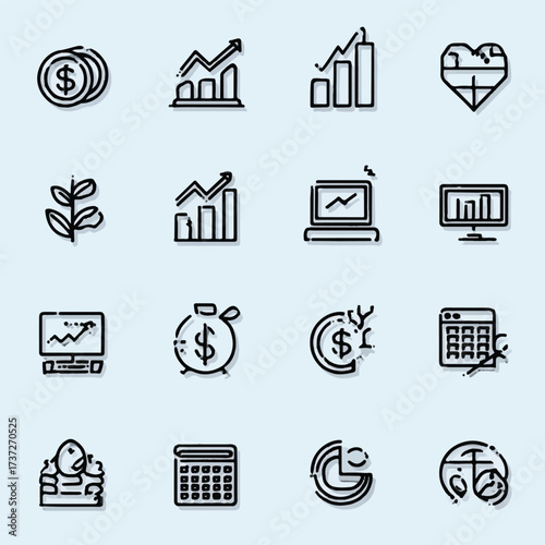 Doodle Style Business and Finance Icons on Light Blue Background Investment and Growth Ideas