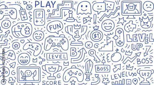 Video Game and Gaming Icons Doodle Set on White Background play