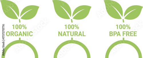 Green Label Set 100% Organic, Natural, and BPA Free Icons Design