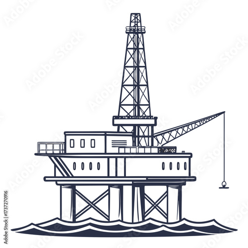 Illustration of an offshore oil rig, a complex structure used for drilling and extracting petroleum from the seabed, showcasing the energy industrys infrastructure