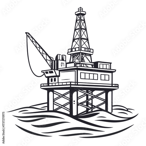 Vector art of monochrome illustration of an offshore oil rig platform, a vital facility for drilling and extracting petroleum and natural gas from the ocean floor
