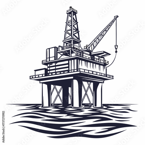 Illustration of an offshore oil rig, a large platform used for drilling and extracting oil from beneath the ocean floor, a symbol of the energy industry