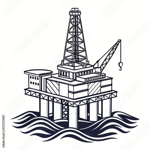 Vector art of outlined illustration of an offshore oil rig platform, a complex and essential installation for drilling and extracting petroleum and natural gas