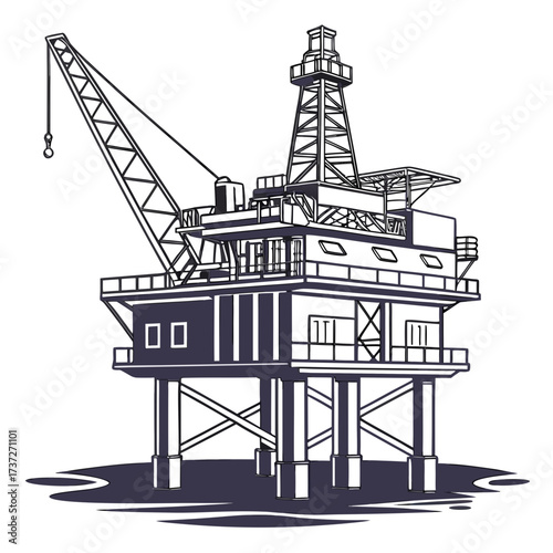 Illustration of an offshore oil platform, a structure used for drilling and extracting oil and gas from beneath the seabed, showcasing the industrial equipment