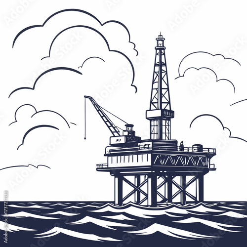 Vector art of offshore oil rig platform in the sea, a vital structure for petroleum and natural gas extraction, stands tall amidst the waves and clouds a symbol of industry and energy