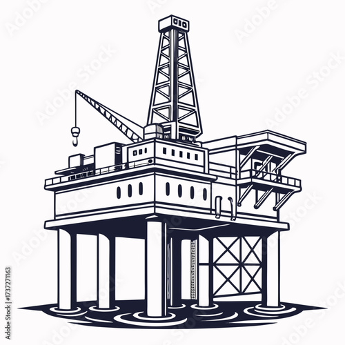 Illustration of an offshore oil rig, a platform used for drilling and extracting petroleum from the seabed, showcasing the industrial structure and equipment
