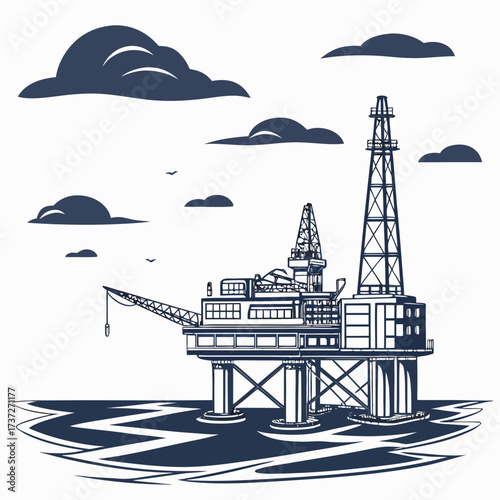 Vector art of offshore oil rig platform in the sea with clouds a detailed vector illustration of an offshore oil rig platform, complete with a derrick, crane, and other equipment
