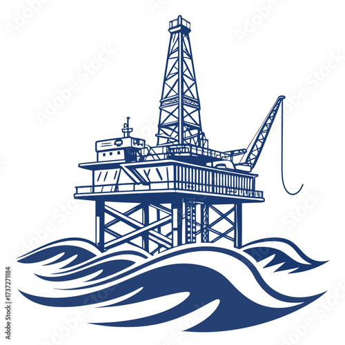 Vector art of offshore oil rig platform, a vital structure for energy production, showcasing the intricate network of pipes, machinery, and drilling equipment used in extraction