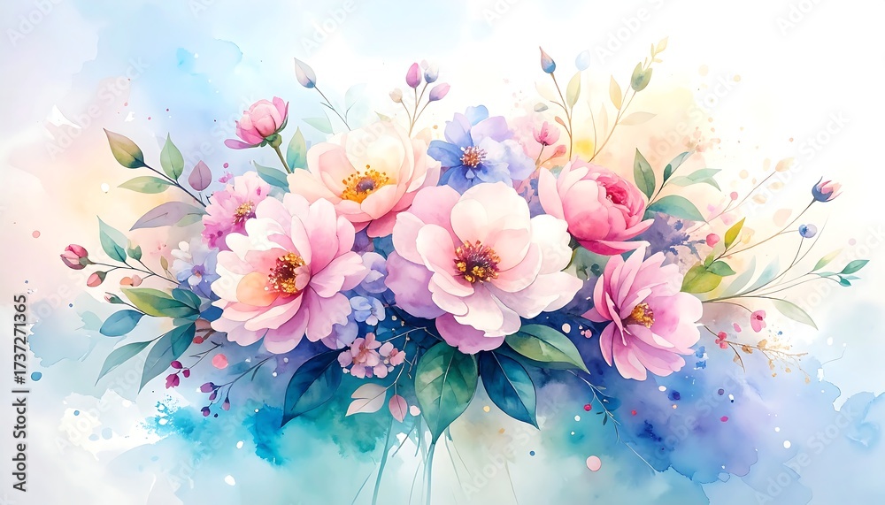 Fototapeta premium Ethereal Watercolor Floral Arrangement in Pastels