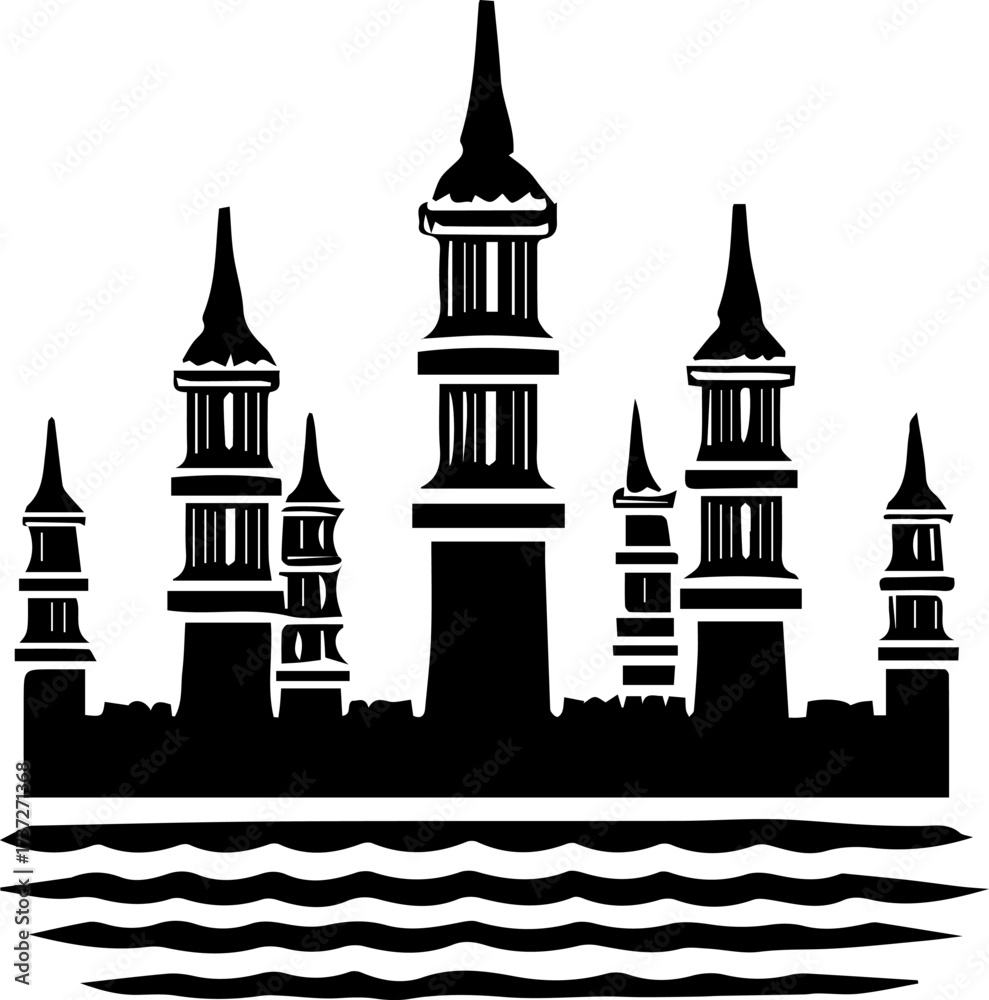 Fototapeta premium Castle with a large tower and a body of water in the background. The castle is tall and majestic, with a sense of grandeur and power. The water adds a sense of calmness and serenity to the scene