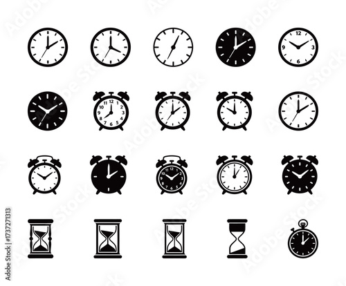 Time and Clock Icons Set. Vector Black Silhouette Collection of Analog Clocks, Alarm Clocks, Hourglass, and Stopwatch.