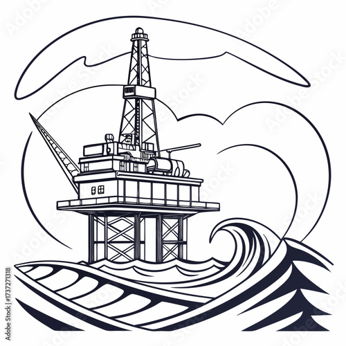 Vector art of offshore oil rig platform illustration, a symbol of energy production and industrial prowess, set against a backdrop of stylized waves and clouds, a monochrome depiction