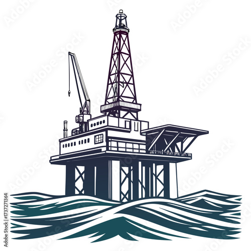 Vector art of vibrant illustration of an offshore oil rig platform, a vital structure for drilling and extracting petroleum from the seabed, powering the global energy industry