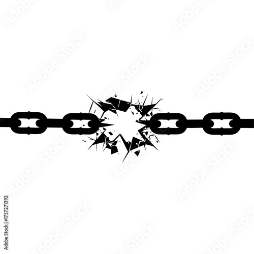 Broken chain link shattering force symbolizes freedom, resistance, overcoming obstacles, and breaking barriers in a dramatic and impactful black and white graphic.