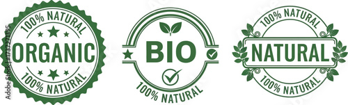 Green Organic and Natural Labels with Leaves on White Background Set Design