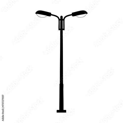 Modern urban double streetlight silhouette isolated against white background, ideal for city design, infrastructure, transportation, and architectural presentations.
