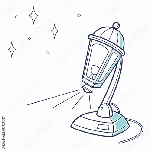 Illustration of a stylized desk lamp with a vintage design, emitting light rays and surrounded by sparkling stars, the lamp features a unique, decorative appearance