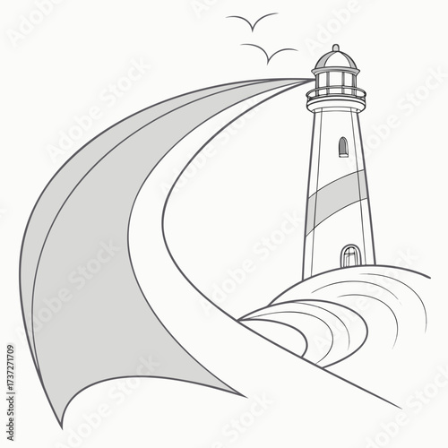 Illustration of a lighthouse on the coast, a lighthouse is a tower with a bright light that guides ships at sea, especially near dangerous coastlines