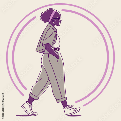 Vector art of a stylish line art illustration of a girl walking confidently, showcasing her trendy outfit and cool glasses, perfect for fashionforward designs and empowering messages