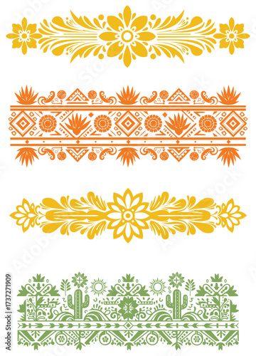 Vibrant Mexican floral borders with desert motifs, perfect for fiesta invitations and Cinco de Mayo designs