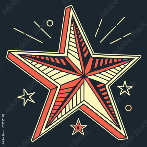 Vector art of a captivating nautical star illustration showcases a bold red and beige palette, intricately patterned within a sharpedged design, set against a deep navy backdrop