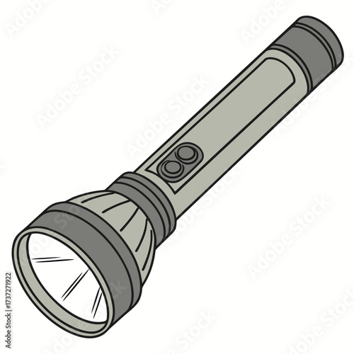 Illustration of a gray flashlight, a portable light source powered by batteries, used for illumination in dark environments or during power outages