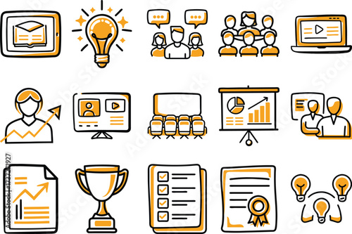 Handdrawn flat business training and education doodle icon set – Learning, presentation, teamwork, success, coaching, award, knowledge and leadership vector collection