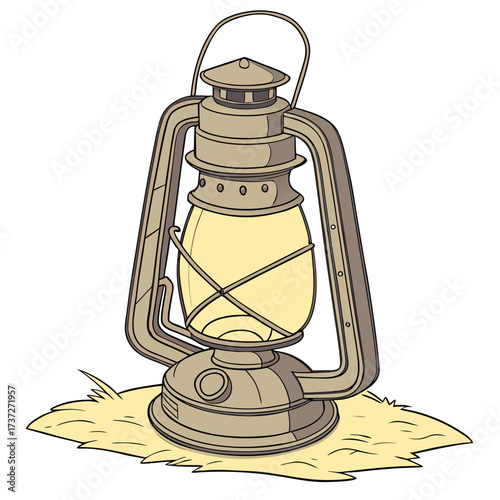 Vector art of a vintage lantern sitting on a patch of grass, , casting a warm glow, evoking a sense of nostalgia and adventure, perfect for camping and outdoor themes