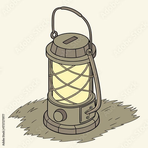 Vector art of a vintage lantern sitting on a patch of grass, , casting a warm glow, evoking a sense of nostalgia and adventure, perfect for camping and outdoor themes